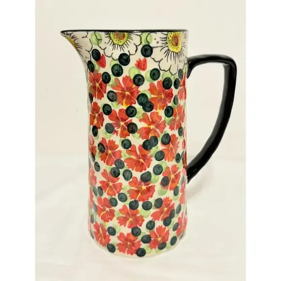 Floral Multi Colored Tall Ceramic Black Handle U Only Blueberry Pitcher - Picture 3 of 9